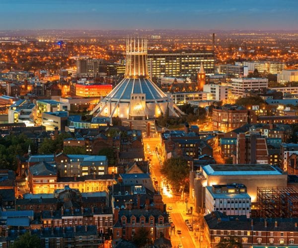 Liverpool skyline rooftop view at night with buildings in England in United Kingdom