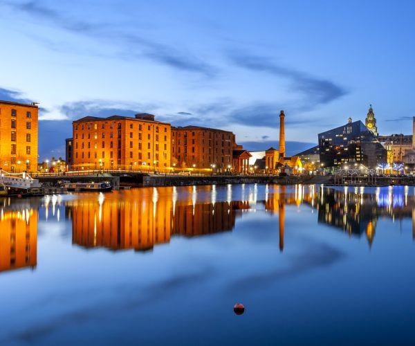Liverpool waterfront skyline with its famous buildings like Pierhead, albert dock, salt house, ferry terminal etc.